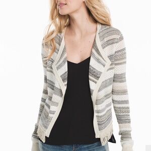 WHBM Sweater Cardigan Gray Ivory Metallic Stripe Fringe Boxy Size Medium